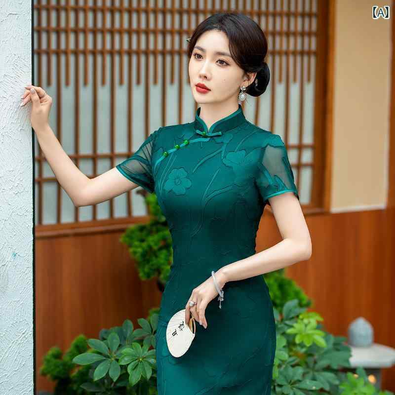 チャイナドレス レディース 中長丈 短袖 立領 中開衩 復古 夏 織り込み柄 ポリエステル 接触冷感 伸縮性 高温定型 免烫処理 宴会 結婚式 母親服 気品 エレガント かわいい 普段使い