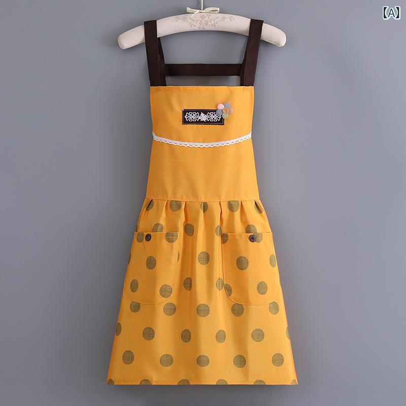 Aprons - 無袖エプロン レディース メンズ 厨房用 防汚 透気性 帆布 耐磨 背帯 丸模様 ハート柄 ブルー イエロー カーキ ブラウン 通勤 料理 作業服