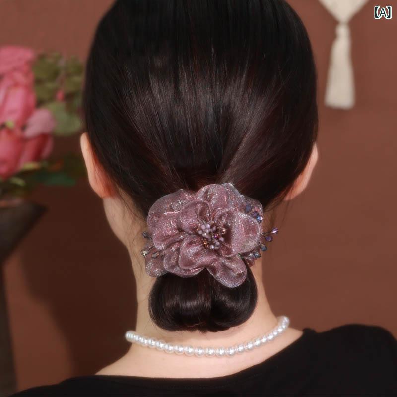 ・カテゴリ: ポニーテールヘアゴム・主な素材: 布・カラー展開: 紫紅、シャンパン、黒、紫・スタイル: レトロ・: 花・タイプ: 高伸縮