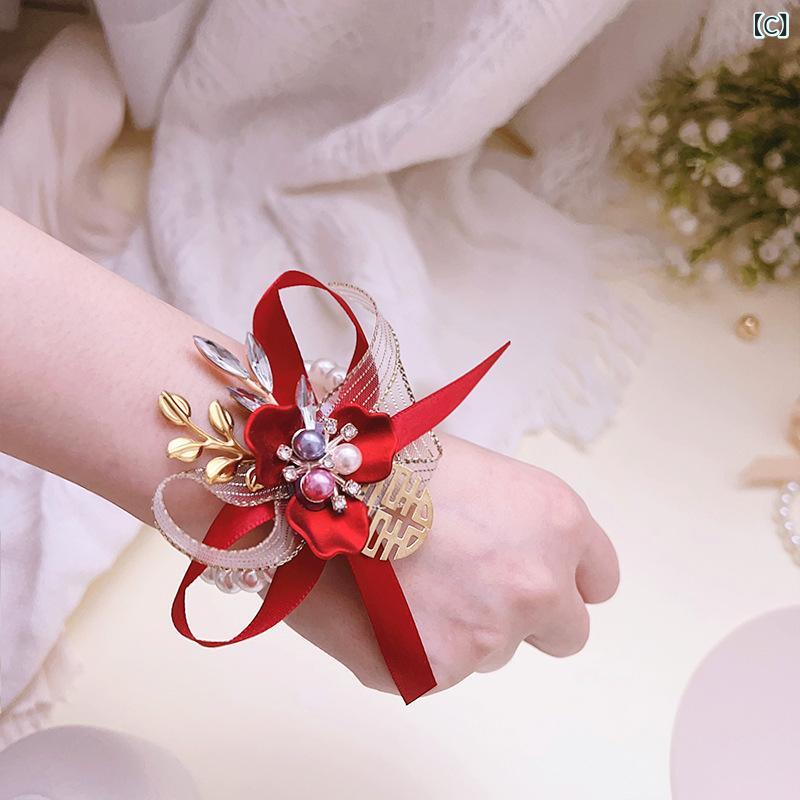 narukiのウェディング ブライダル アクセサリー 手首花 手花 胸花 メンズ レディース 金属 缎帯 森系 韓国風 伝統 中式 酒赤 大赤 香槟 新青 喜び 華やか 結婚式 披露宴 親族 新郎 新婦 ブライズメイド ガーランド ブローチ｜アングル3