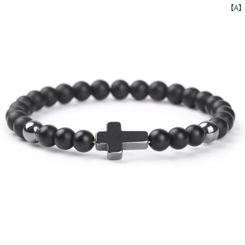 乐天商城 - メンズ ブレスレット 手首串 十字架 黒瑪瑙 虎眼石 串珠 6mm ビーズ 弾力 復古 ビジネス 男女兼用 幾何型 手作り 石材 冬 ダークカラー ミステリアス ラグジュアリー 普段使い ギフト