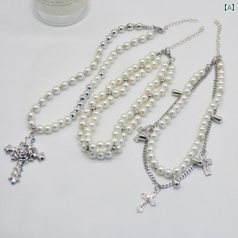 Cubic Zirconia - ネックレス 女性用 多層 珍珠 十字架 ペンダント チョーカー 鎖骨チェーン 合金 電気メッキ加工 ファッション 通勤用 高級感 41cm 50cm 秋 ゴールド