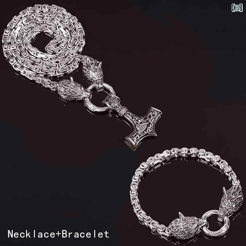 ネックレス 手链 セット ヴィキング 符文 ハンマー 吊り下げ 狼 ヘッド アクセサリー 不锈钢 チェーン 電気メッキ加工 復古 スタイル 間金色 銀色 ブラック ゴールド セット ユニセックス 普段使い 耐久性 セットリング 2