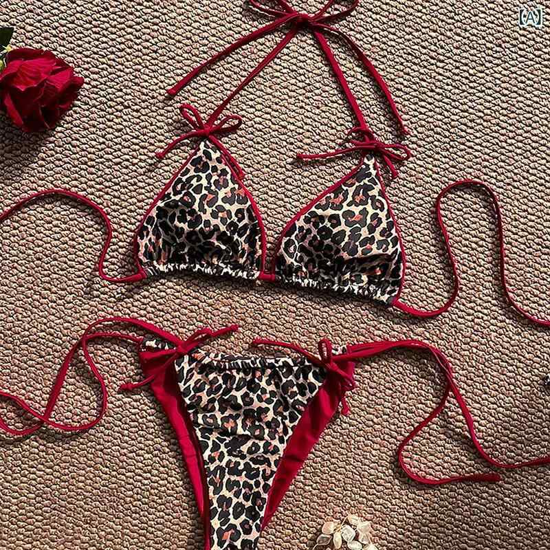 ・性別: 女性・対象年齢: 成人・デザイン: セクシー、バックレス、欧米風・パッド・ワイヤー: 胸パッドあり、ワイヤーなし・表地素材: ポリエステル 82%・生地重量: 約200g・裏地素材: ポリウレタン 18%・対応シーン: 水泳、マリンスポーツ・カラー展開: レッドレオパード・サイズ展開: XS、S、M、L・袖丈: ノースリーブ・スタイル: ビキニ（三角パンツ）