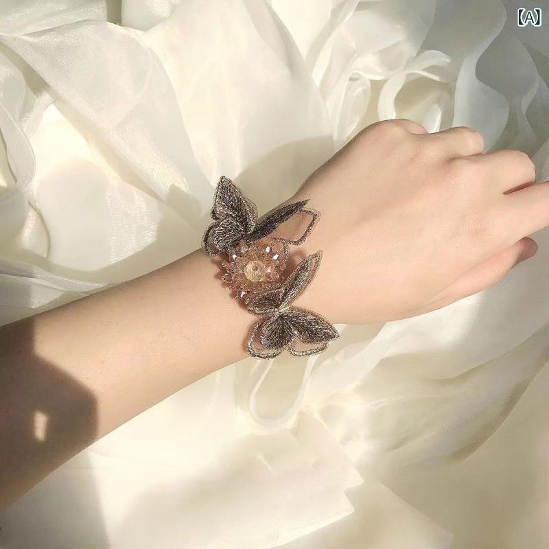 ブレスレット 手首花 新娘 伴娘 花束 韓国風 シャンパンゴールド ゴールド 蝶 クリスタル リボン シルクサテン 豪華 ウェディング 結婚式 女性用 かわいい 華やか 秋冬