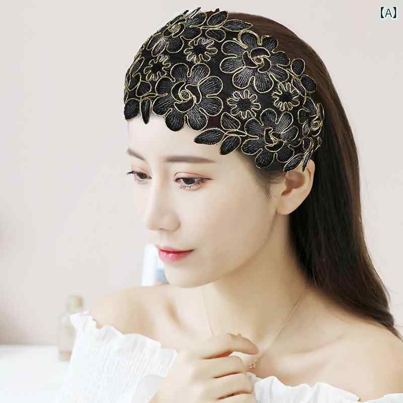 ヘアアクセサリー 女性用 花柄 刺繍 幅広 ヘアバンド 花 迎春花 黒 藍 赤 紫 歯付き 防滑 抑毛 レース ヘアクリップ 頭飾 民族風 芸術復古 植物 花卉 春 プラスチック レジン 手作り