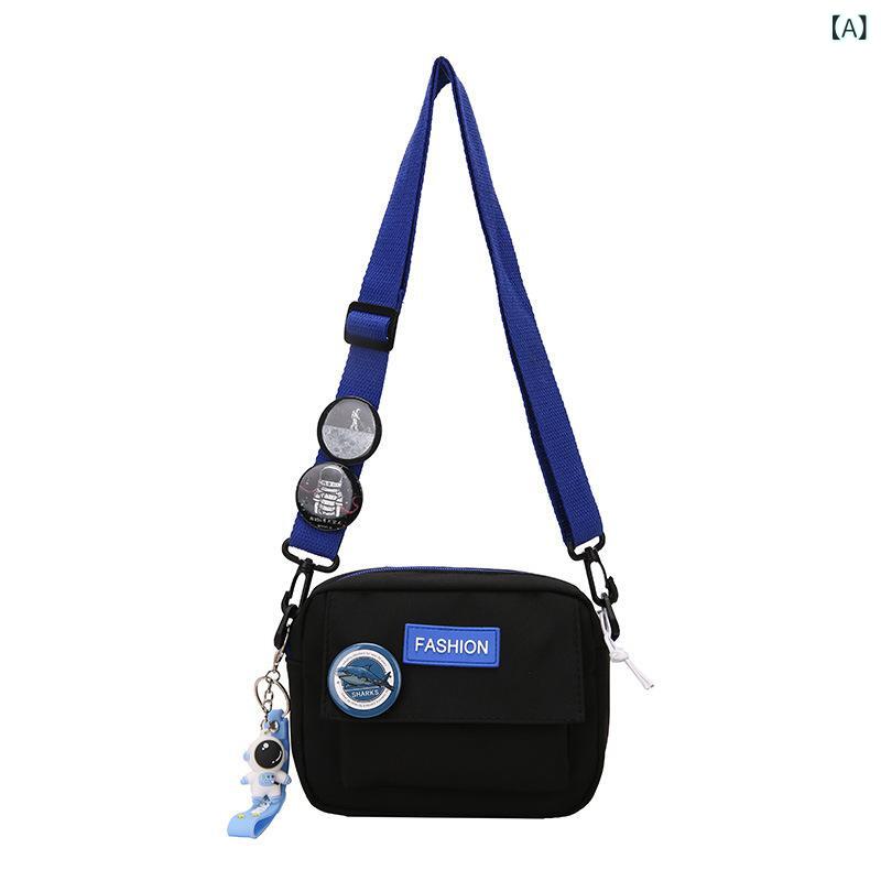 Bags, School Rucksacks - ショルダーバッグ メンズ レディース 小方包 水桶型 ナイロン 中型 大容量 撞色 車縫線 肩掛け 携帯入れ 日常使い 普段使い 通勤 キャンパス スタイル 都市 シンプル 黒 紺 白 柔らか ジッパー ポケット シングルストラップ ハンガー付き