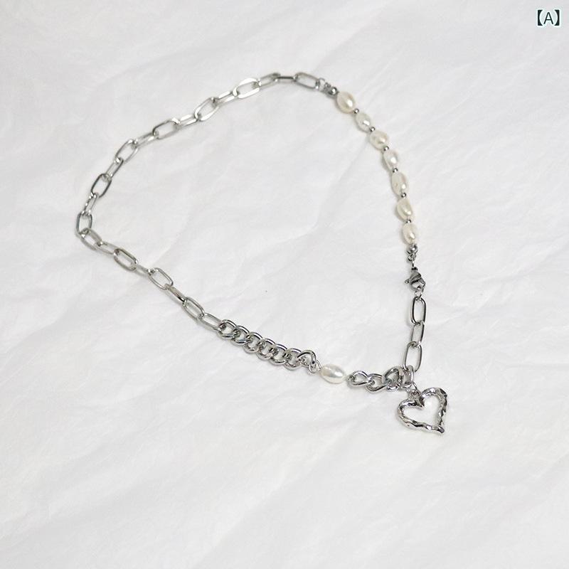 Cubic Zirconia - ネックレス 女性用 ハート型 バロックパール 吊り下げ チャンキーチェーン 鎖骨チェーン 合金製 電気メッキ加工 心形 珍珠 チェーン 切り替え 日韓風 2021夏 かわいい 軽量 個性的 ギフト向け 旅行記念 21-50cm 延長チェーン付き