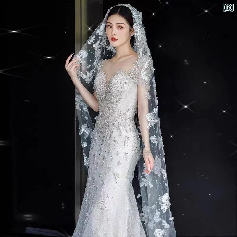 ・カテゴリ: ヘッドアクセサリー・スタイル: ビンテージ・素材: チュール・: 花柄・種類: ワルツスタイル・水晶種類: 乳白水晶・カラー展開: ホワイト素紗、ライトシャンパン韓国紗、ホワイト細闪紗、ライトシャンパン韓国細闪紗・サイズ: 3.5m長3m幅、長さ175cm以上・装飾: レトロ重工