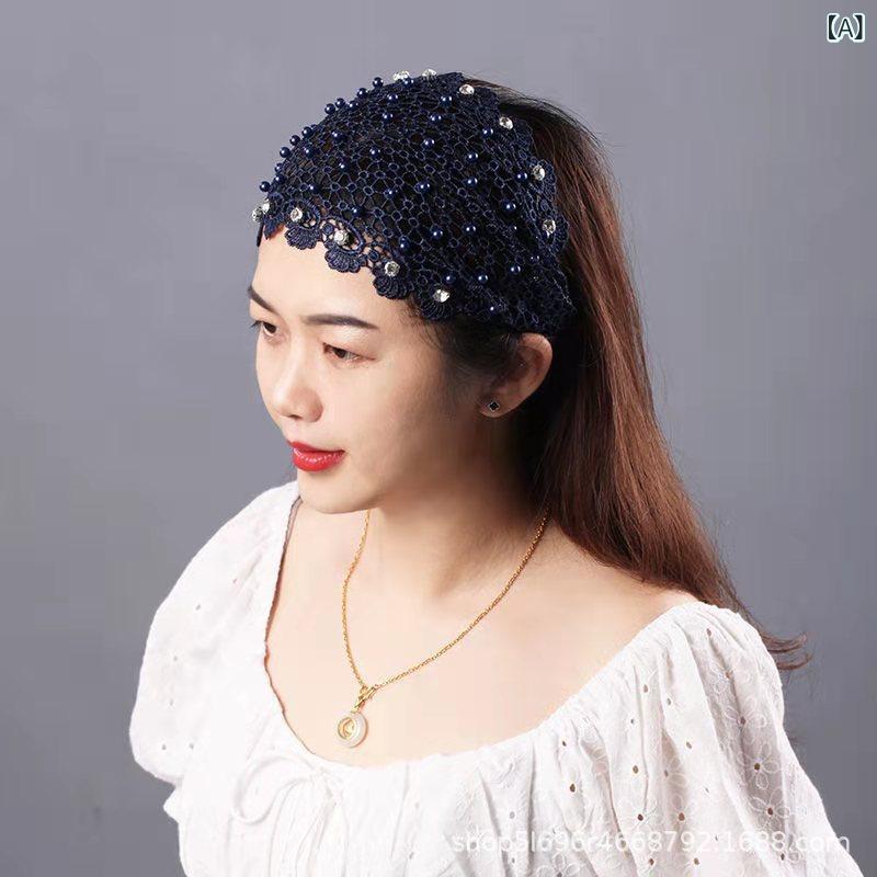 发带 - ヘアアクセサリー 女性用 発帯 ヘアバンド 花柄 珍珠 レース 透け感 通気性 ブルー ブラック カーキ グレー 夏 エスニック 頭飾り 女性用 花モチーフ 人気ヘアアクセ