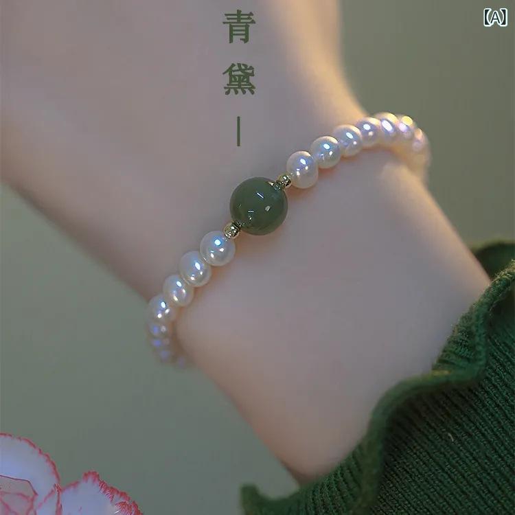 Other - ハンドメイド ブレスレット 女性用 猫眼石 模擬パール 緑色 かわいい デザイン 切り替え 普段使い 旅行 お守り ラッキーアイテム 通年 通勤 通学 ギフト シンプル 軽量
