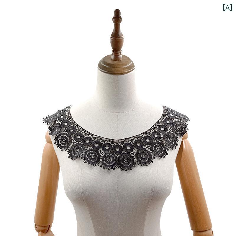 レディース 刺繍 レース 花柄 領飾り 肩飾り 胸花 アクセサリー 配飾 牛乳シルク 再生繊維 切り抜き 透け感 ブラック ホワイト 女装 時尚 手作り DIY ブラウス トップス シャツ ニット コート 肩出し デコレーション 装飾 華やか 繊細 軽量