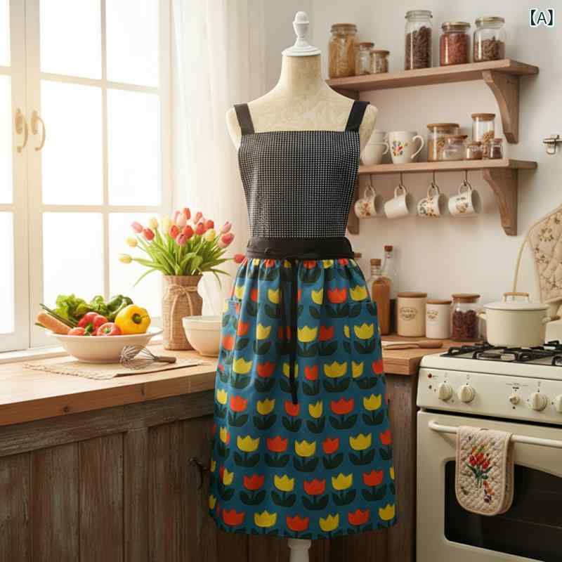 Gingham Aprons - 無袖 囲裙 女性用 かわいい 洋気 切り替え 花柄 郁金香 プリンセス フラワーショップ フレンチスタイル 防汚 涤纶 均码 花 草 葉 ブルー ブラック レッド 男女兼用 ティーン 恋人 カップル 成人 シニア 通勤 普段使い 軽量 伸縮性