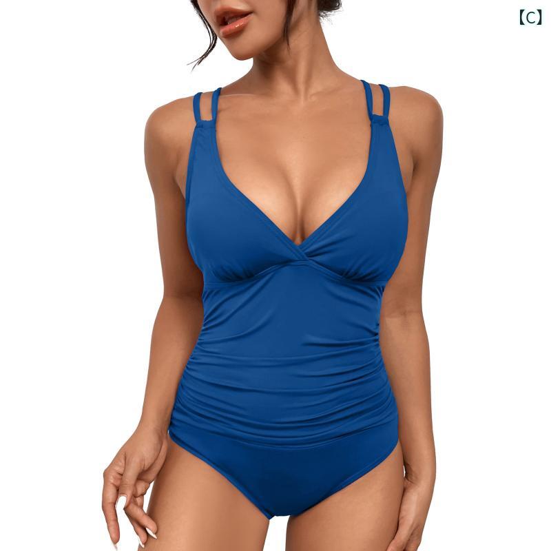 narukiの水着 レディース ワンピース 体型カバー Vネック セクシー 胸パッド付き 無地 バックシャン プール ビーチ 海 旅行 リゾート｜アングル3