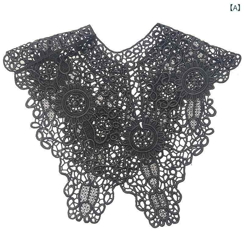 ショール レディース 偽襟 切り替え レース 刺繍 花柄 透け感 短め ブラック ホワイト 春夏 秋 装飾 優雅 名媛風 平紋 三角巾 クロシェ 普段使い 通勤 軽量
