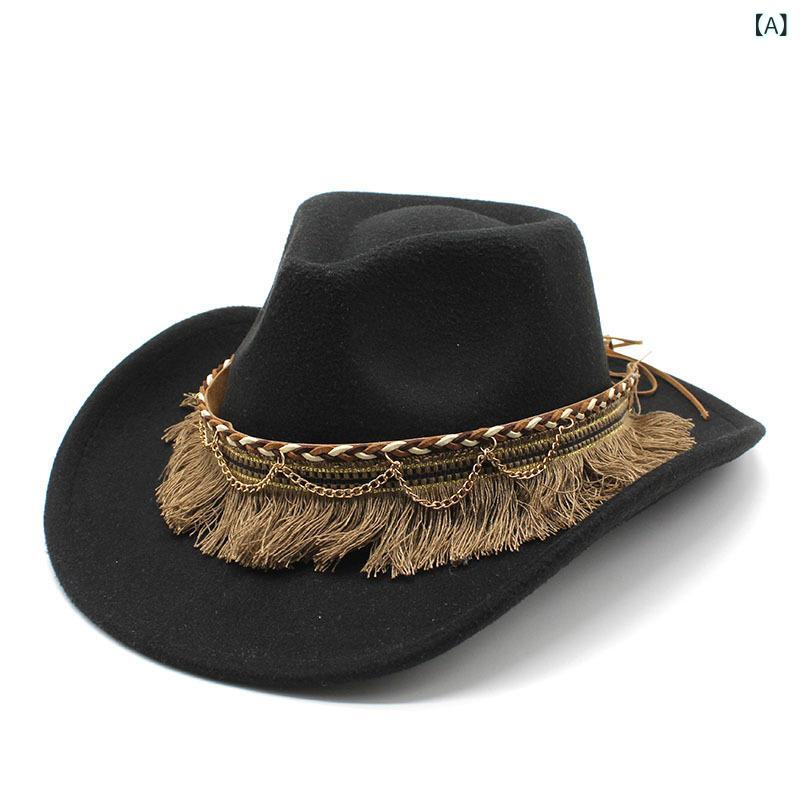 Tulip Heart - 帽子 メンズ レディース 礼帽 復古 民族風 流蘇 フェルトハット フラットブリム ウールフェルト 鐘型 ロングブリム 巻き縁 防晒 遮陽 透気 保暖 防風 春夏 ブラック ブラウン グレー ベージュ ワインレッド ホワイト レッド アイボリー カーキ