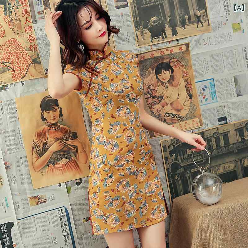 Dresses - チャイナドレス レディース 春夏 短丈 雪纺 接触冷感 立領 斜襟 三分袖 低開衩 切り替え 知性風 通勤用 気質 微弾 免烫 再生繊維 アクセントプリント 軽量 ハイウエスト スリムライン 女性用 トップス インナー
