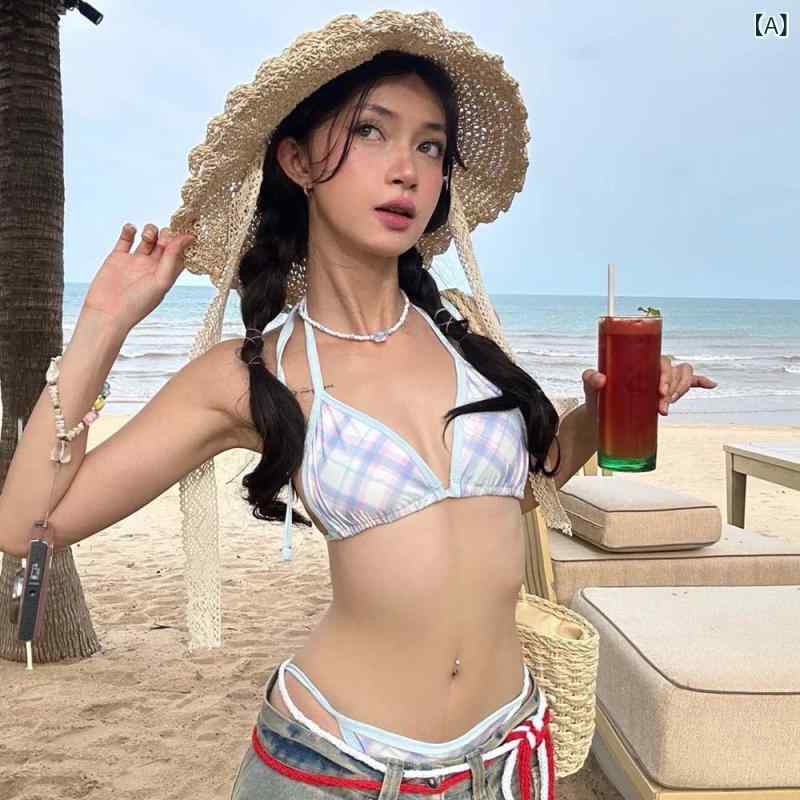 ・カテゴリ: 水着・スタイル: 小清新・パッド: 胸パッド付き（ワイヤーなし）・主な素材: ポリエステル（82%）・裏地素材: ポリエステル（18%）・重量: 150g・カラー展開: ブルー格子、ピンク格子・サイズ展開: S、M、L・袖丈: ノースリーブ・ボトムススタイル: ビキニショーツ