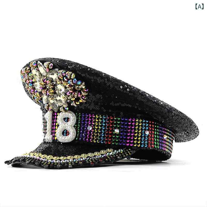 Ten Gallon Hat - キャップ 女性用 ブラック キラキラ ラインストーン 加工 鸭舌帽 誕生日 パーティー 狂歡 平頂帽 金色 演出 帽子 海军帽 オリジナルデザイン 涤纶 ポリエステル 遮阳 短檐 弯檐 可調節 通年 かわいい カジュアル