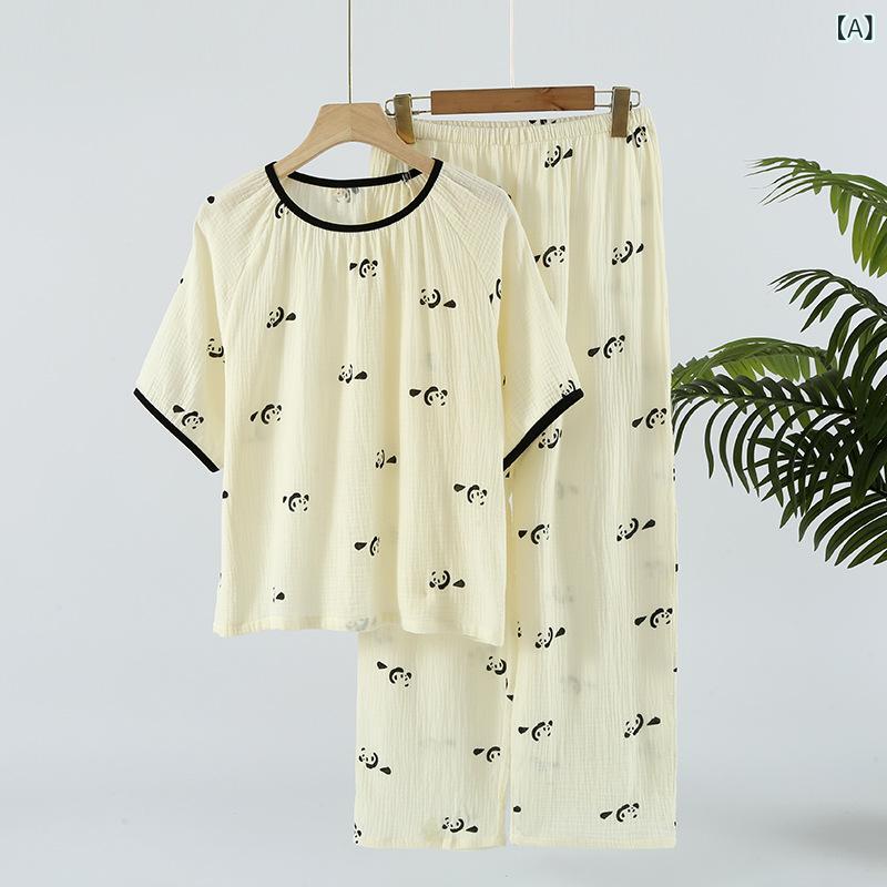 Pajamas - パジャマ レディース 春夏 綿100% 薄手 透気性 丸首 半袖 長ズボン セット 印花柄 シンプル カジュアル 快適 居家着 寝間着 部屋着 かわいい 熊猫柄 伸縮性
