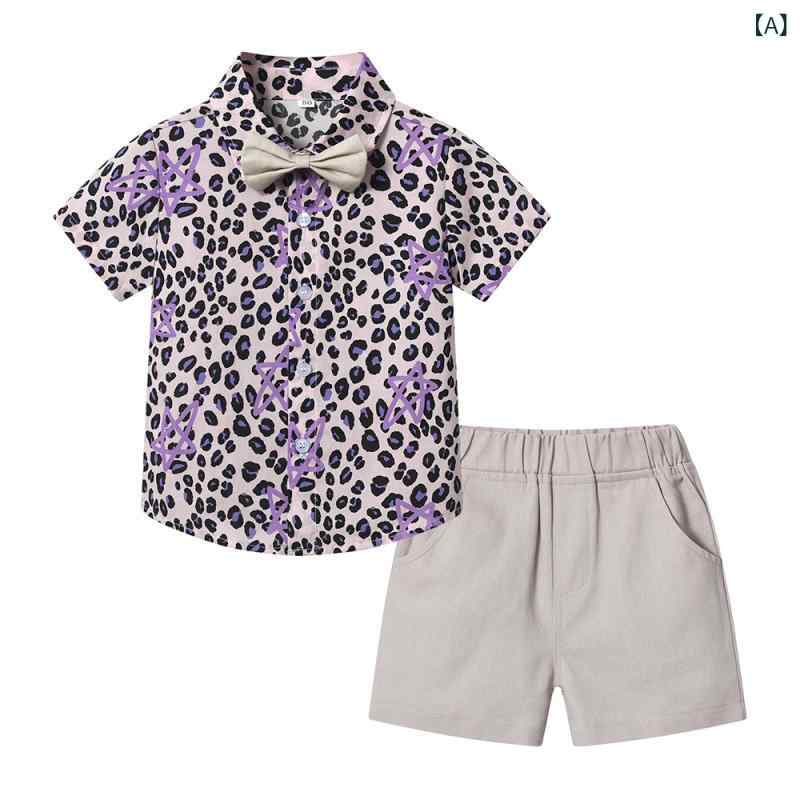 男児服 男の子 キッズ 子供服 春夏 セット 上下セット 短袖シャツ 短パン 豹柄 ヒョウ柄 花柄 プリント 綿 コットン 薄手 軽量 通気性 吸湿速乾 紫 紫豹柄 青 黄色 緑 旅行 外出 遊び着 カジュアル 田園風 かわいい 欧米風 3〜8歳 中小児