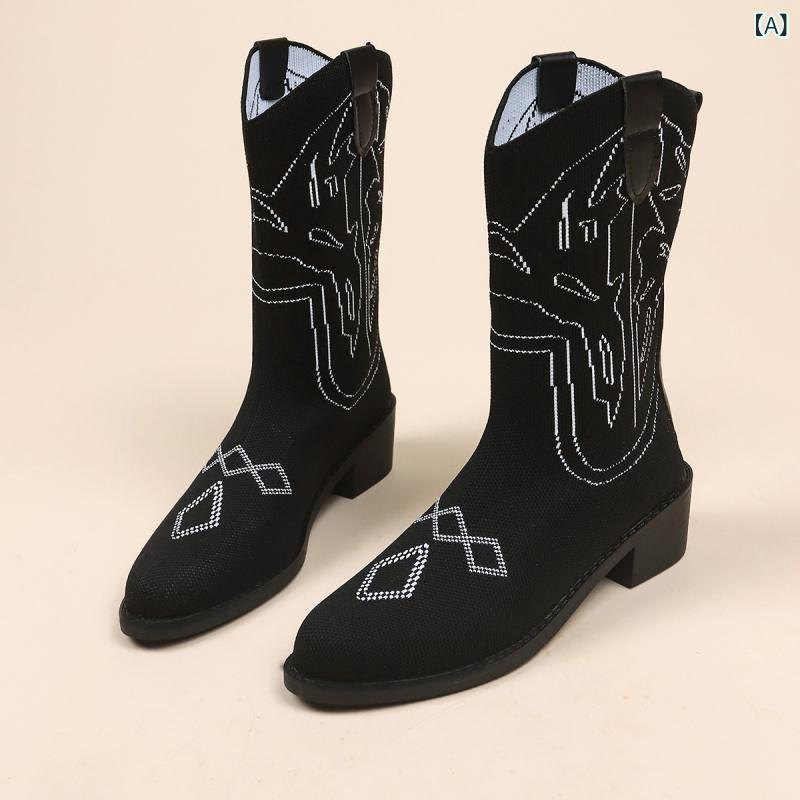 レディース ミドルブーツ ニット 伸縮性 保暖 粗ヒール 刺繍 復古 編み上げ 丸トゥ 方跟 低ヒール 黒 冬 透気性 耐摩耗 ゴム底 合成皮内張り セットオン ラバーソール カジュアル 足元暖か 厚底 ルーズフィット 足幅広 室内履き アウトドア対応