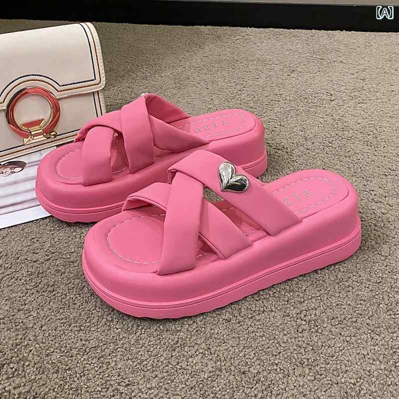 サンダル 女性用 厚底 交叉 デザイン ローカット 厚底松糕 ルーズフィット 夏用 丸トゥ PU素材 ラバーソール ピンク系 ブラック アイボリー 軽量 通気性 伸縮性 普段使い 外出用 春夏 カジュアルシューズ