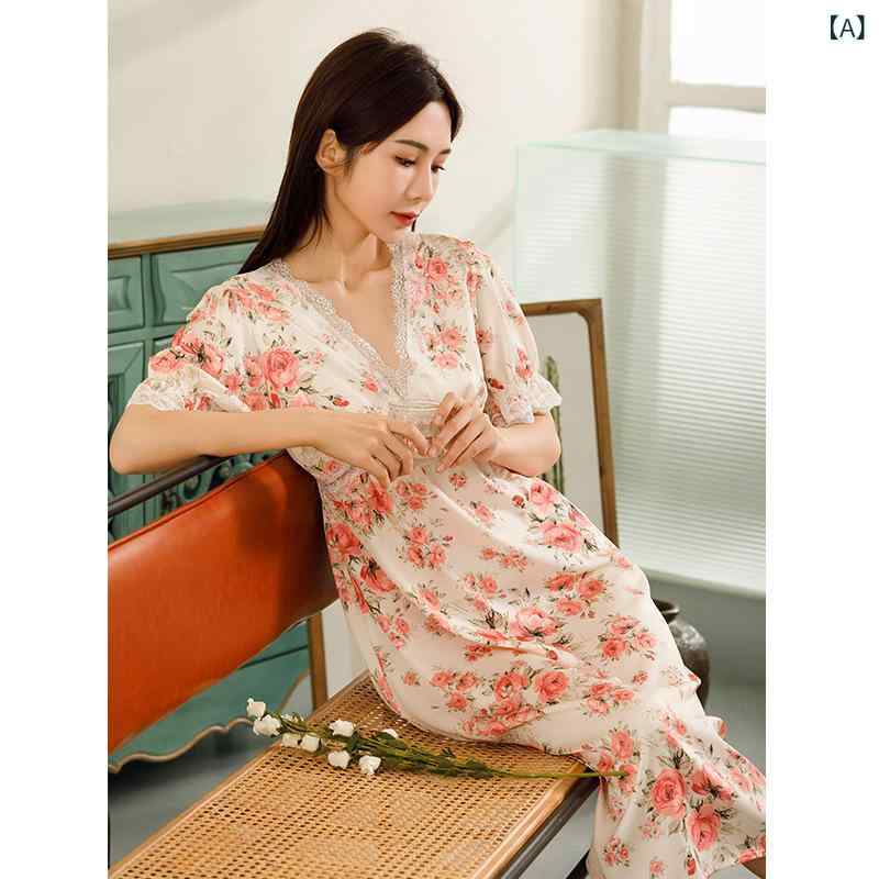 Women - キャミソール ワンピース レディース 接触冷感 Vネック 半袖 花柄 プリント 薄手 涼感 春夏 部屋着 インナー かわいい 仙女風 居家 外出 可愛い ローズ 大紅 油絵柄 ミッドレングス ポリエステル 伸縮性 通勤 普段使い