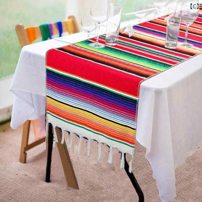 北欧 テーブルランナー コットン 素材 流蘇 装飾 赤 紫 青 35x213cm メキシコ セラプ 柄 結婚式 パーティー ダイニング テーブル クロス フラワーモチーフ 軽量 コットン70% 混紡 赤系 紫系 青系 長方形 フレンジ 縁飾り シンプル [3]