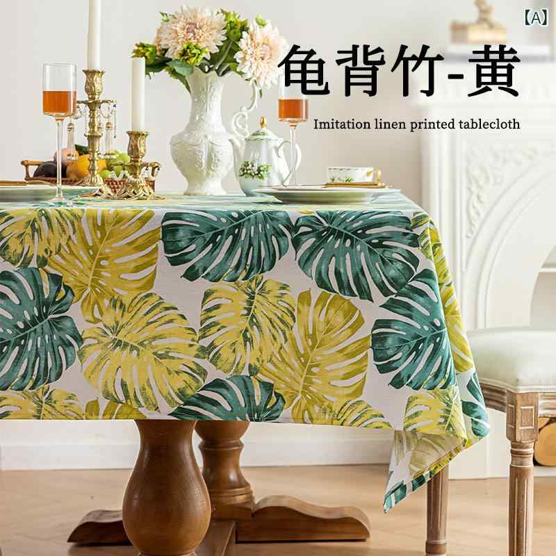 Rakuten - テーブルクロス 六人用 長方形 仿棉麻 熱帯植物柄 防滑 静音 耐磨 防塵 耐高温 防烫 北欧風 葉っぱ柄 グリーン イエロー ブルー カジュアル 普段使い ダイニングテーブル用