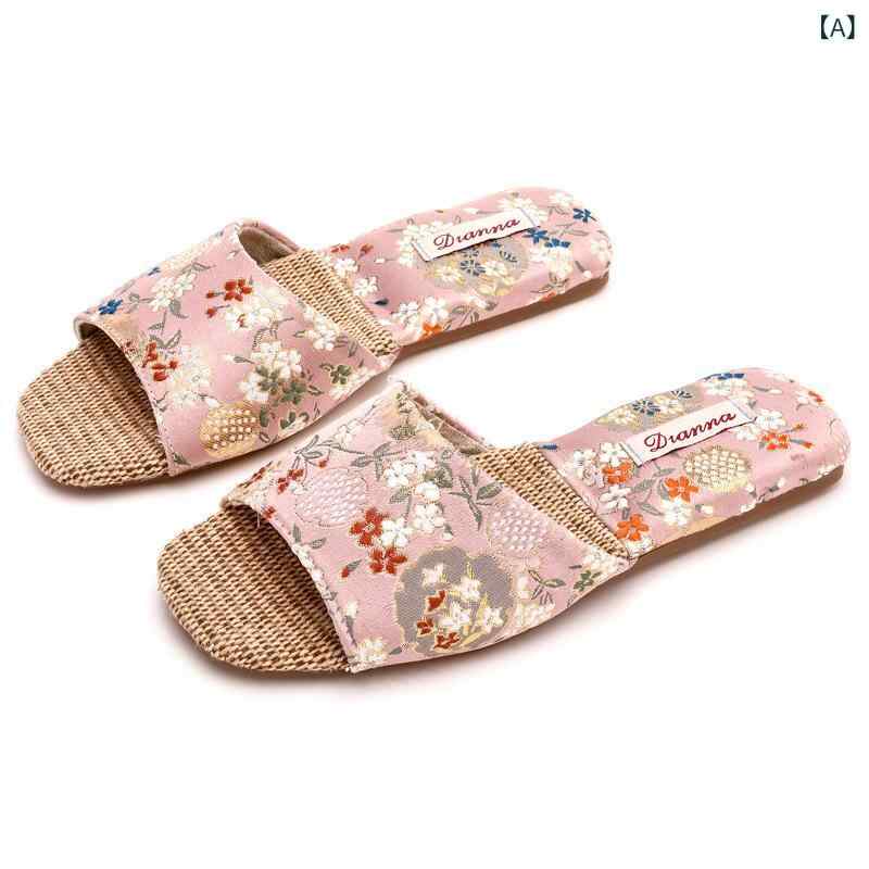 Other - 春夏 レディース 刺繍 麻 スリッパ 切り替え 一文字サンダル 吸汗 防滑 居家用 軽量 伸縮性 接触冷感 ピンク系 ミントグリーン ベージュ ブラック ネイビー フラット 民族風 カジュアル