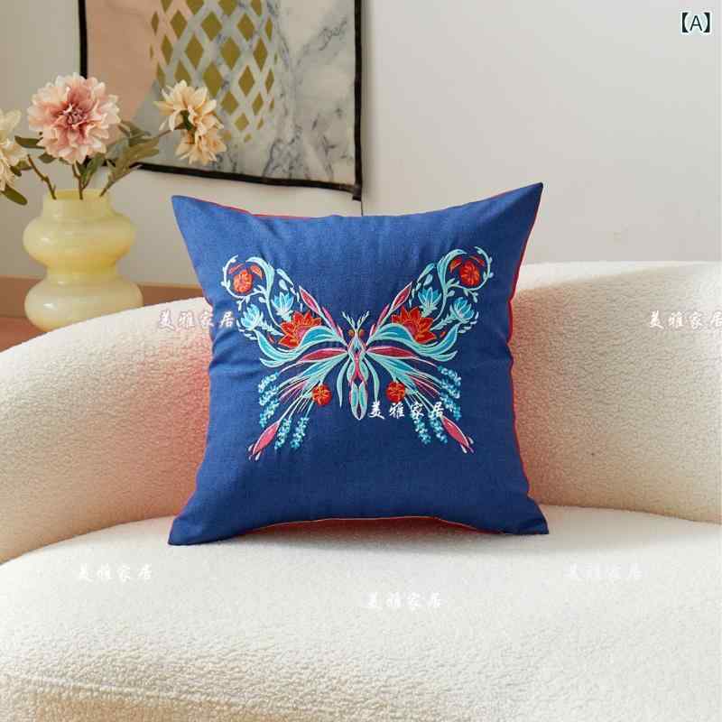 抱枕カバー 刺繍 蝶柄 多色 接触冷感 柔らか 軽量 ソファー用 リビング 普段使い ベッドルーム クッションカバー かわいい インテリア 再生繊維 ブルー系