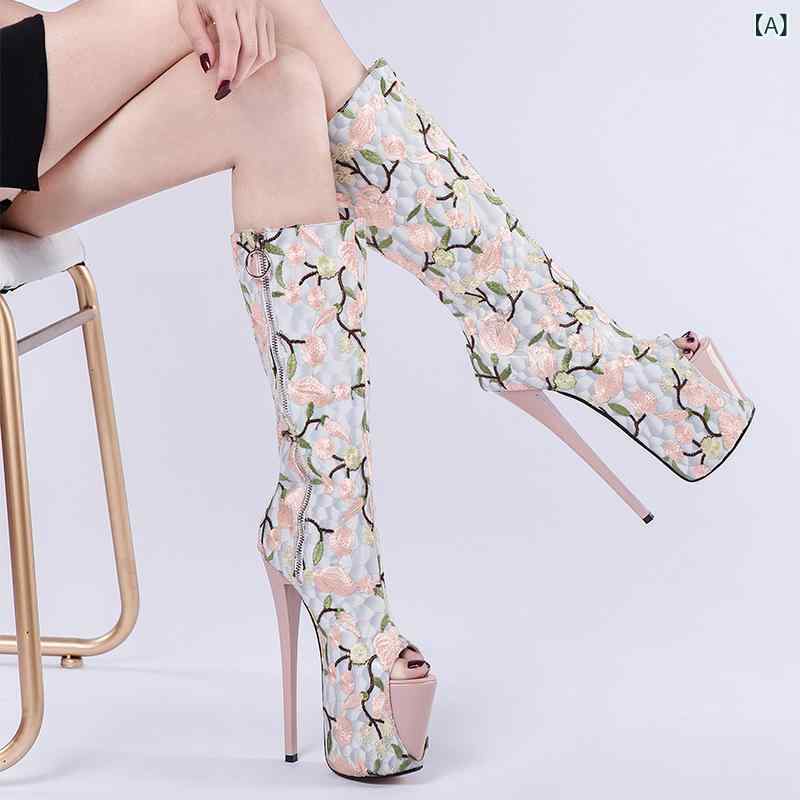 Sandal Boots - レディース 春夏 秋冬 高筒 ファッションシューズ 刺繍 民族風 復古 ロングブーツ 細ヒール 防水台 恨天高 超高ヒール 丸トゥ サイドジッパー 透気性 増高 保暖 布地 ネット生地 偽皮 ホワイト 大きいサイズ ラバーボトム PUインソール 普通厚