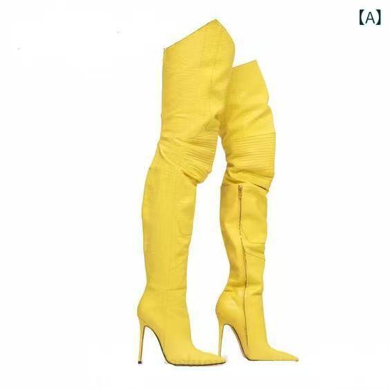 Loose - パンプス 女性用 尖頭 細ヒール 超高ヒール 黄色 テクスチャー 切り替え 側拉鏈 中口 冬 秋冬 PU素材 羊皮インソール ゴム底 ローマスタイル カジュアル 普段使い 街履き 舞台靴 ロングブーツ