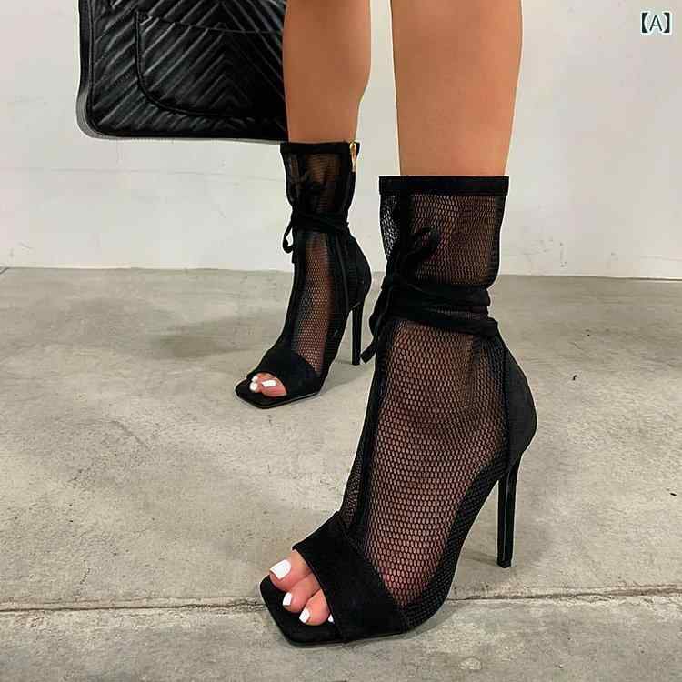 パンプス レディース 細高跟 ロングブーツ 黒 レース 漁網 網布 扁頭 高幫 超高ヒール 秋 秋冬 派手 セクシー 欧米風 ファッション 気質 セットオン 単靴 ミドルカット 純色 休闲 女性用 大人向け 出口モデル 接触冷感