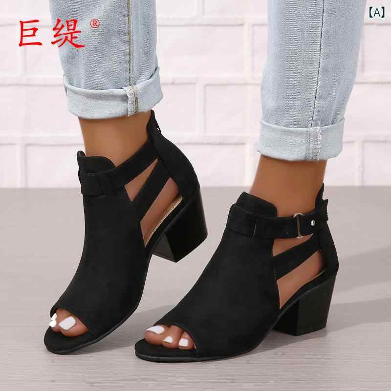 魚嘴サンダル 女性用 粗中高フォールディング 刺繍 ラバーソール 切り替え デザイン ブラック グレー ブラウン アイボリー 丸トゥ 布地 バックル 秋冬 普段使い 伸縮性 通勤 通学 カジュアル 軽量 快適 履きやすい 足元おしゃれ
