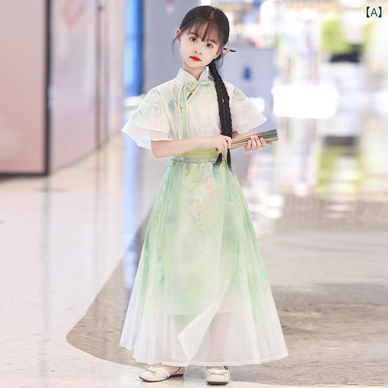 女児 チャイナドレス 馬面裙 キッズ 女の子 中小童 夏季 薄手 柔軟 起毛加工 ポリエステル混紡 緑 ブルー 公主風 切り替え かわいい 民族衣装 セット 上衣 スカート 通年 普段使い