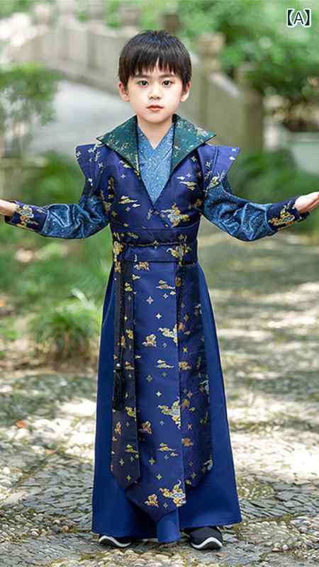 キッズ 男の子 唐装 漢服 古装 武侠風 舞台演出服 古風 子供服 中学生 小学生 柔軟 起毛加工 化繊混紡 ポリエステル 混紡素材 普通厚 ブルー 欧美スタイル 通年使用 普段使い