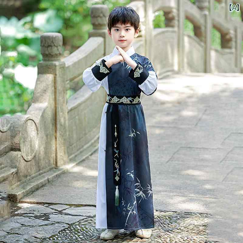Costume - 唐装 男の子 中小学生 子供服 秋冬 欧美風 漢服風 化繊混紡 ポリエステル 起毛 柔軟 普通厚 ネイビー 国風 古装 潮 シャツ トップス 通学 普段使い 伸縮性 軽量 カジュアル