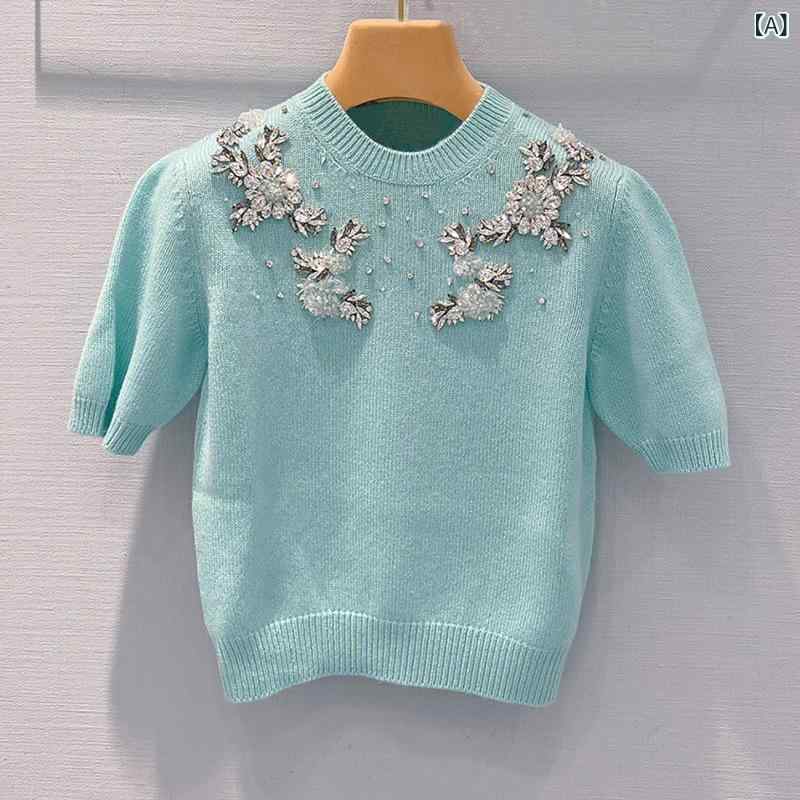 乐天商城 - ニット トップス 女性用 短め 丸首 三分袖 羊毛 海洋グリーン 植物刺繍 手縫い装飾 修身シルエット 通勤 気質 快適 秋冬 切り替え セットアップ セットオン