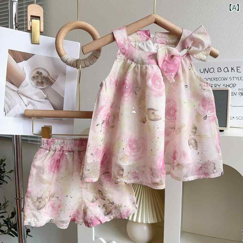 Top & Bottom Sets - 女の子 子供服 セットアップ 夏 ノースリーブ 背心 トップス 短パン プリンセス かわいい 蝶結び 花柄 ピンク 接触冷感 ポリエステル 軽量 吸湿速乾 通園 普段使い 3〜8歳