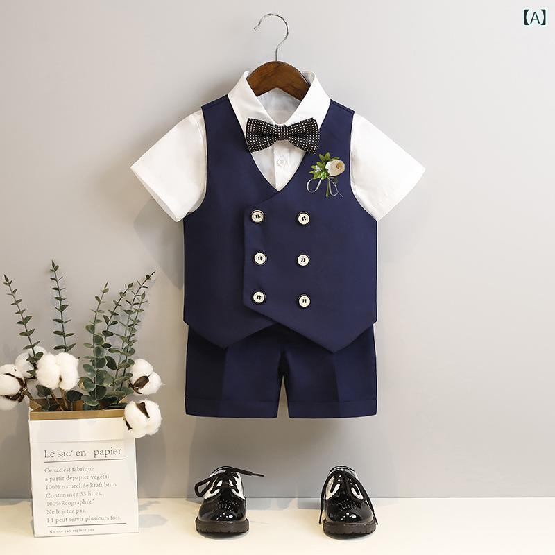 乐天商城 - 男の子 礼服 西装 セット 馬甲 シャツ ショーツ ロングパンツ ボウタイ 胸花 夏 子供 フォーマル 演出 誕生日 結婚式 花婿 セットアップ 再生繊維 ブルー ブラック カーキ ホワイト ドット メープルリーフ 柄 中大児 軽量 通気性