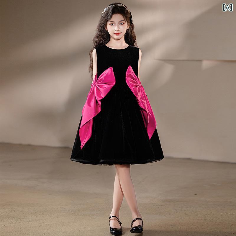 Rakuten - キッズ 女の子 黒 礼服 ドレス ピアノ バイオリン 演奏 会 スカート Aライン 大きめ 蝶結び プリンセス 風 ポリエステル プリーツ加工 コーティング 加工 切り替え デザイン 通年 普段使い 演奏用 パーティー用 フォーマル かわいい 軽量 高級