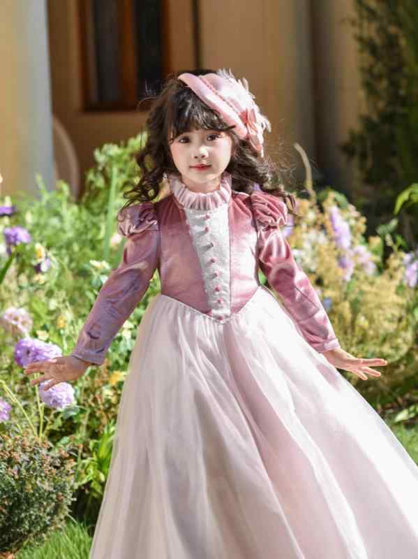 女の子 ドレス 粉紫 ベルベット ロングドレス プリンセスドレス 子供 パーティー 礼服 春 ポリエステル かわいい フリル 100-150cm
