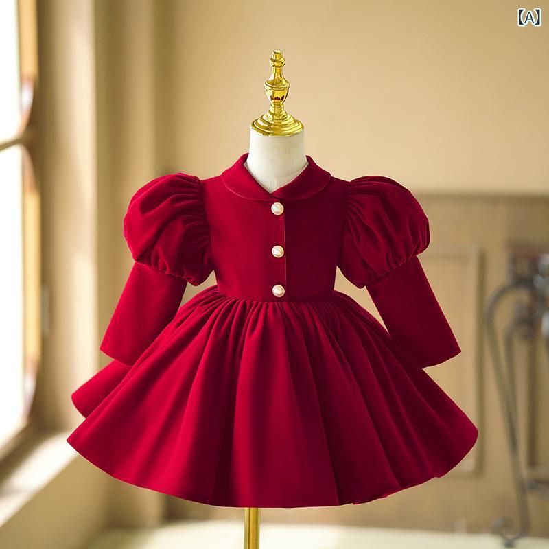 Rakuten - 女児 礼服 女の子 赤 ワインレッド プリンセスドレス 誕生日 パーティー 演奏会 ピアノ発表会 かわいい 公主風 ポリエステル 混紡 プリーツ加工 剪毛加工 酵素洗い 春秋 夏 冬 通年 かわいい スタイル 3〜8歳 80〜150cm