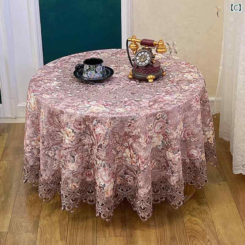 丸テーブルクロス レース 茶几布 ダイニングテーブルカバー 新中式 家用 布製 耐熱 植物花柄 高級感 緑 紫 花柄 グリーン系 パープル系 丸型 楕円型 長方形 サイドボードカバー 3