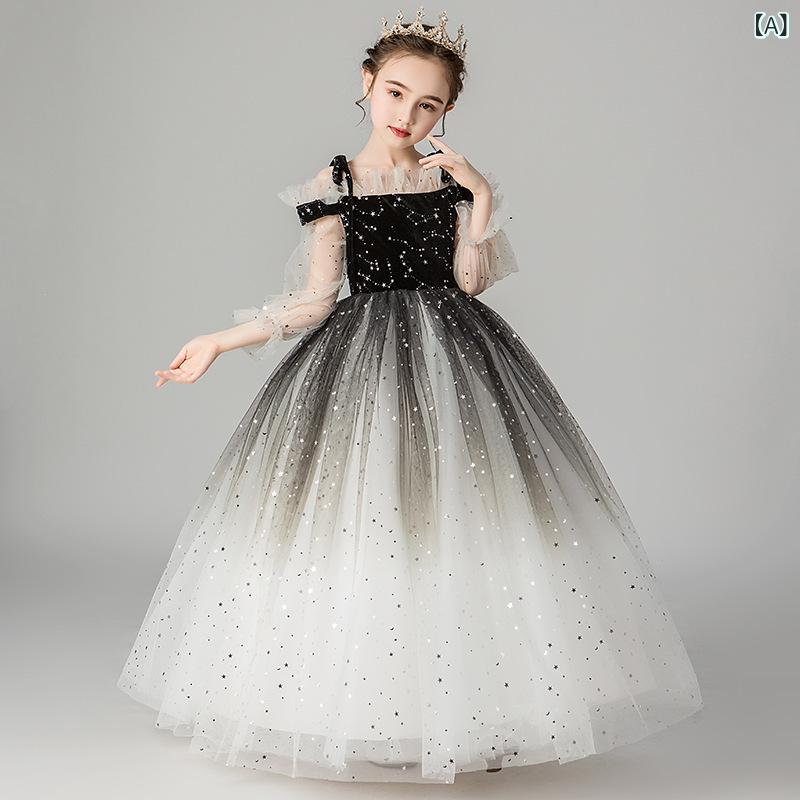 女の子 子供 ドレス キッズ 礼服 誕生日 パーティー 発表会 演奏会 スカート チュール プリンセス スカート グラデーション フレア スカート ポリエステル 黒 ワインレッド ネイビー 立襟 女児 3-8歳 100-140cm 通年