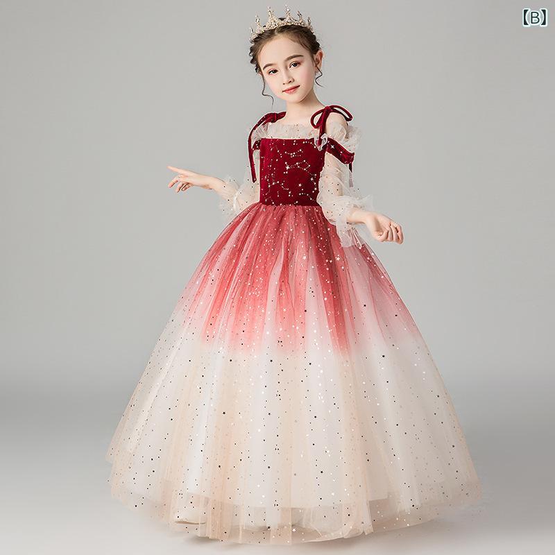 narukiの女の子 子供 ドレス キッズ 礼服 誕生日 パーティー 発表会 演奏会 スカート チュール プリンセス スカート グラデーション フレア スカート ポリエステル 黒 ワインレッド ネイビー 立襟 女児 3-8歳 100-140cm 通年｜アングル2
