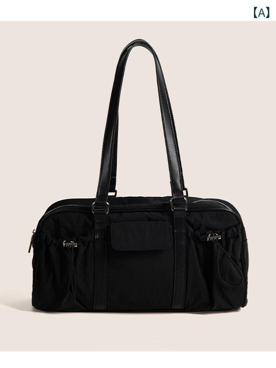 樂天商城 - トートバッグ 女性用 春夏 ナイロン 中型 横型 大容量 枕頭風 片手持ち 肩掛け 日常使い 街頭スタイル トレンド 車縫い ステッチ ジッパー開閉 中軟 立体ポケット 黒 銀 PU素材 ポリエステル内装