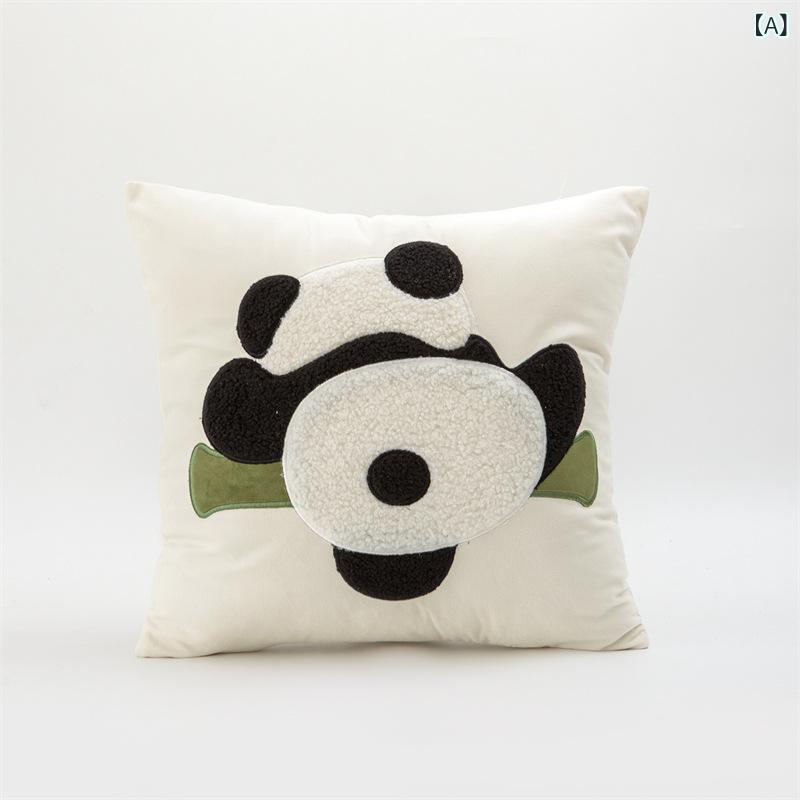 Rakuten - 抱枕カバー 刺繍パンダ柄 緑色系 涤纶素材 クッションカバー 45cm角 現代シンプル ソファー用 インテリア雑貨 かわいい動物プリント 綿密刺繍 柔らかい手触り 日常使い リビングルーム飾り クッションケース 緑パターン